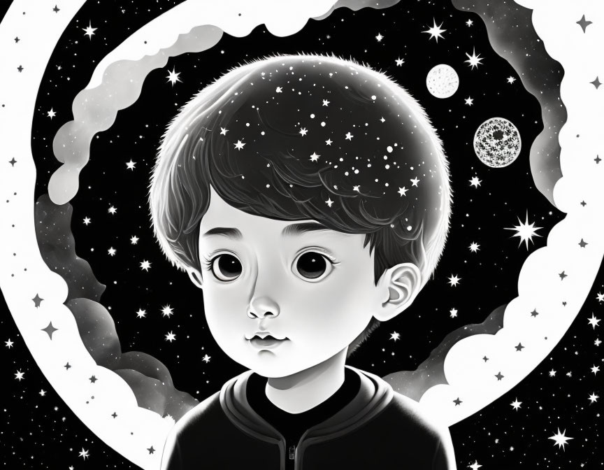 Monochrome illustration of young boy gazing at cosmic backdrop