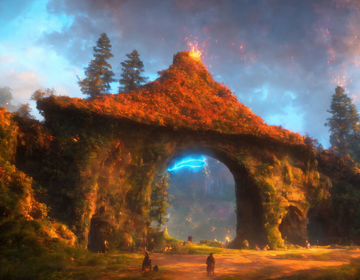 Mystical natural arch with glowing blue portal in fiery sky