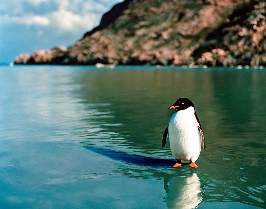 Penguin standing on shallow water with reflection, rocky hill, blue sky