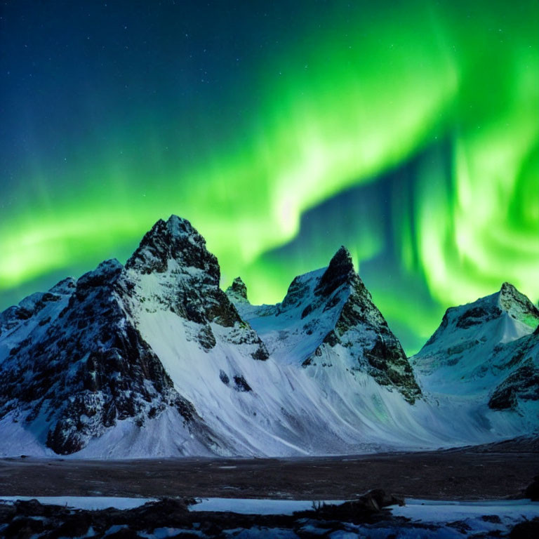 Northern Lights illuminating snow-capped mountains at night