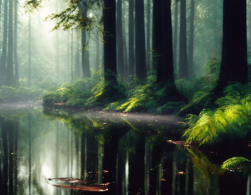 Tranquil forest landscape with sunbeams, mist, tall trees, calm water, ferns