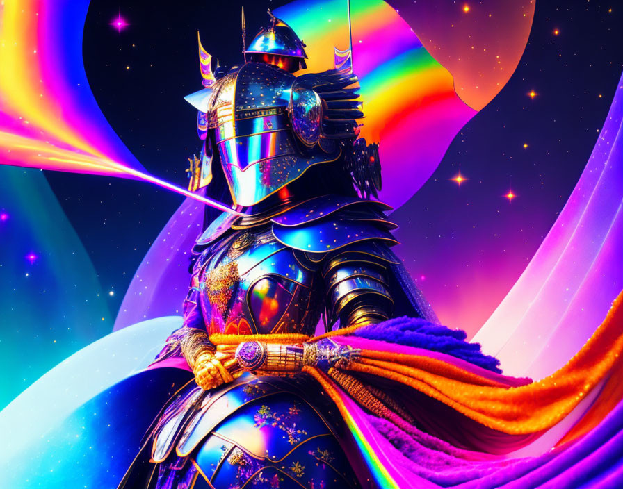 Colorful digital artwork: Knight in ornate armor with rainbow and starscape.