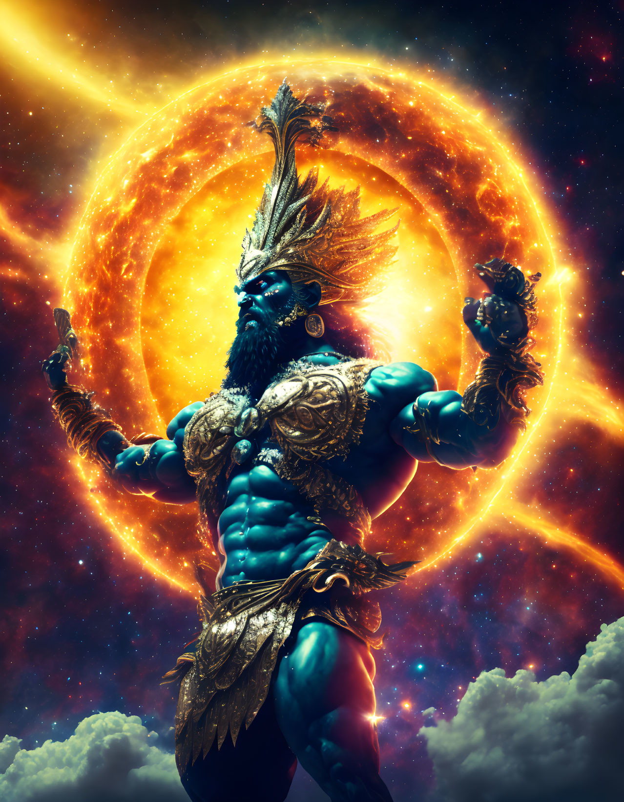 Blue-skinned cosmic deity in gold armor before fiery ring in starry space.