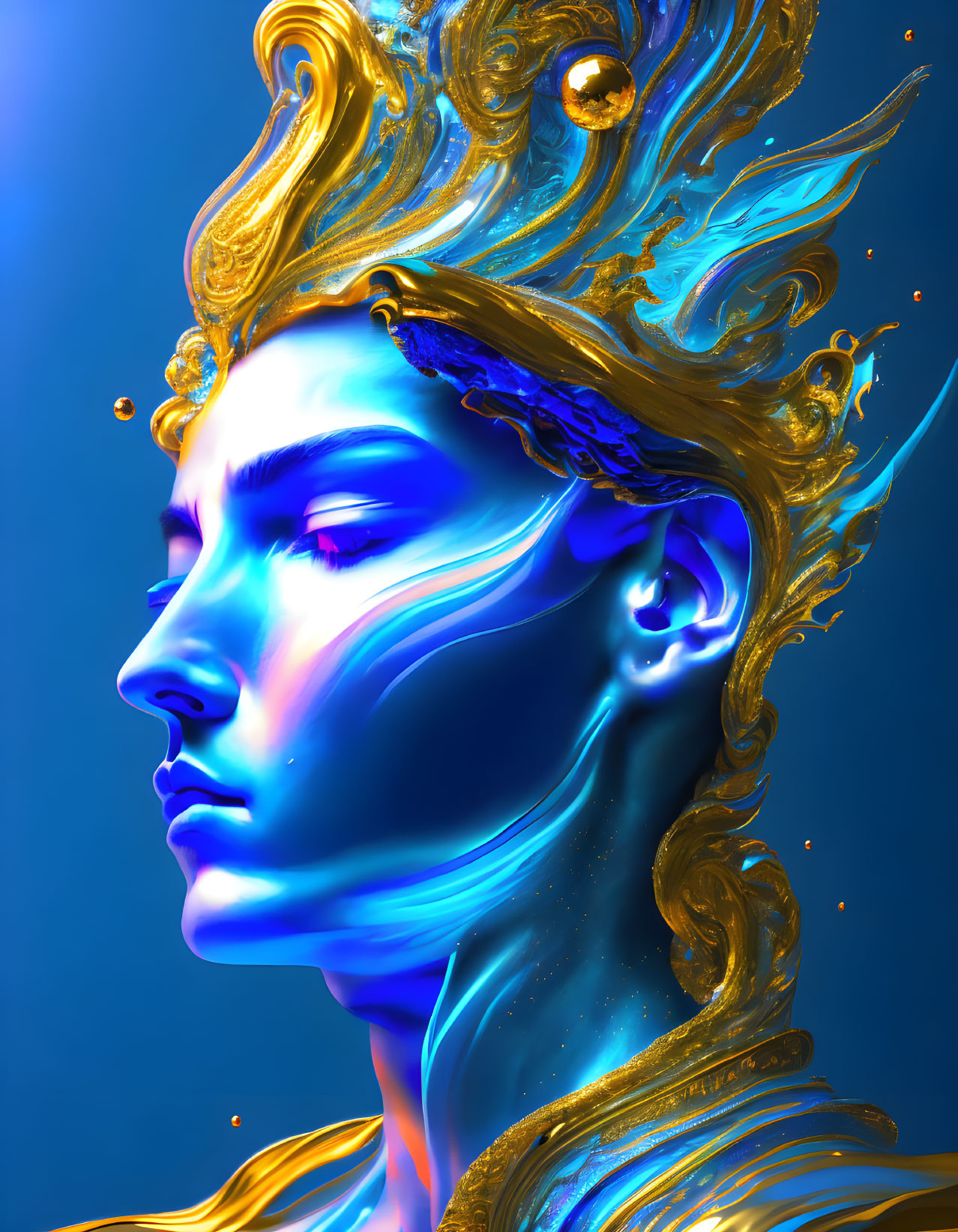 Profile digital artwork with blue skin and gold accents.