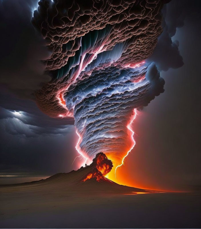 Impressive supercell thunderstorm with mammatus clouds and lightning in desert night sky