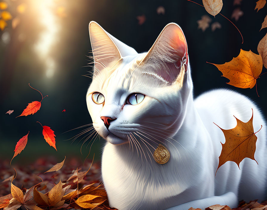 White Cat with Striking Eyes in Autumn Setting with Pendant Collar