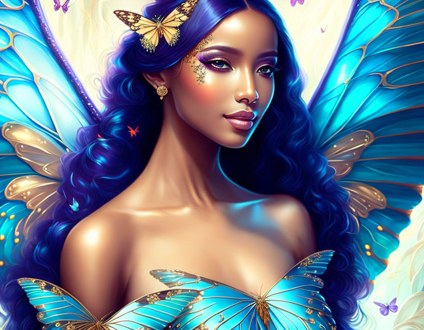 Fantasy woman with butterfly wings and blue hues