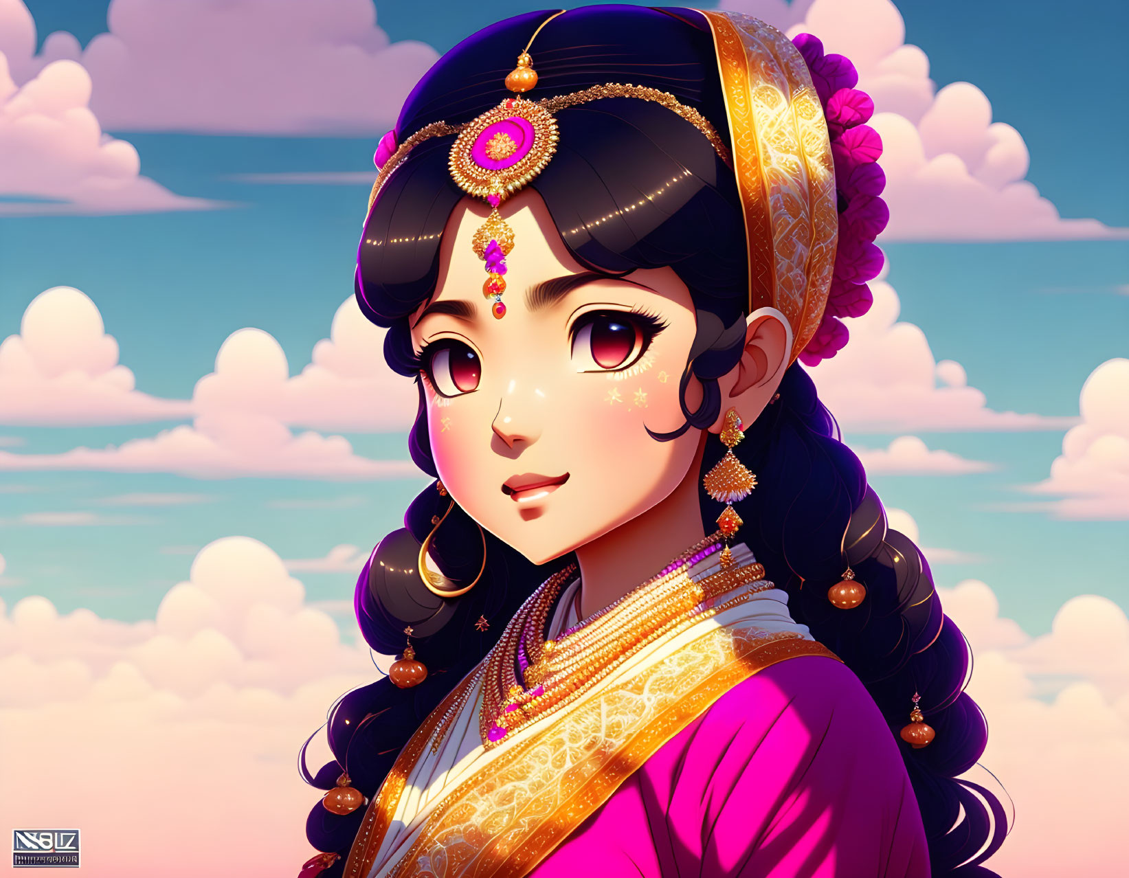 Vibrant Indian attire illustration against cloudy sky