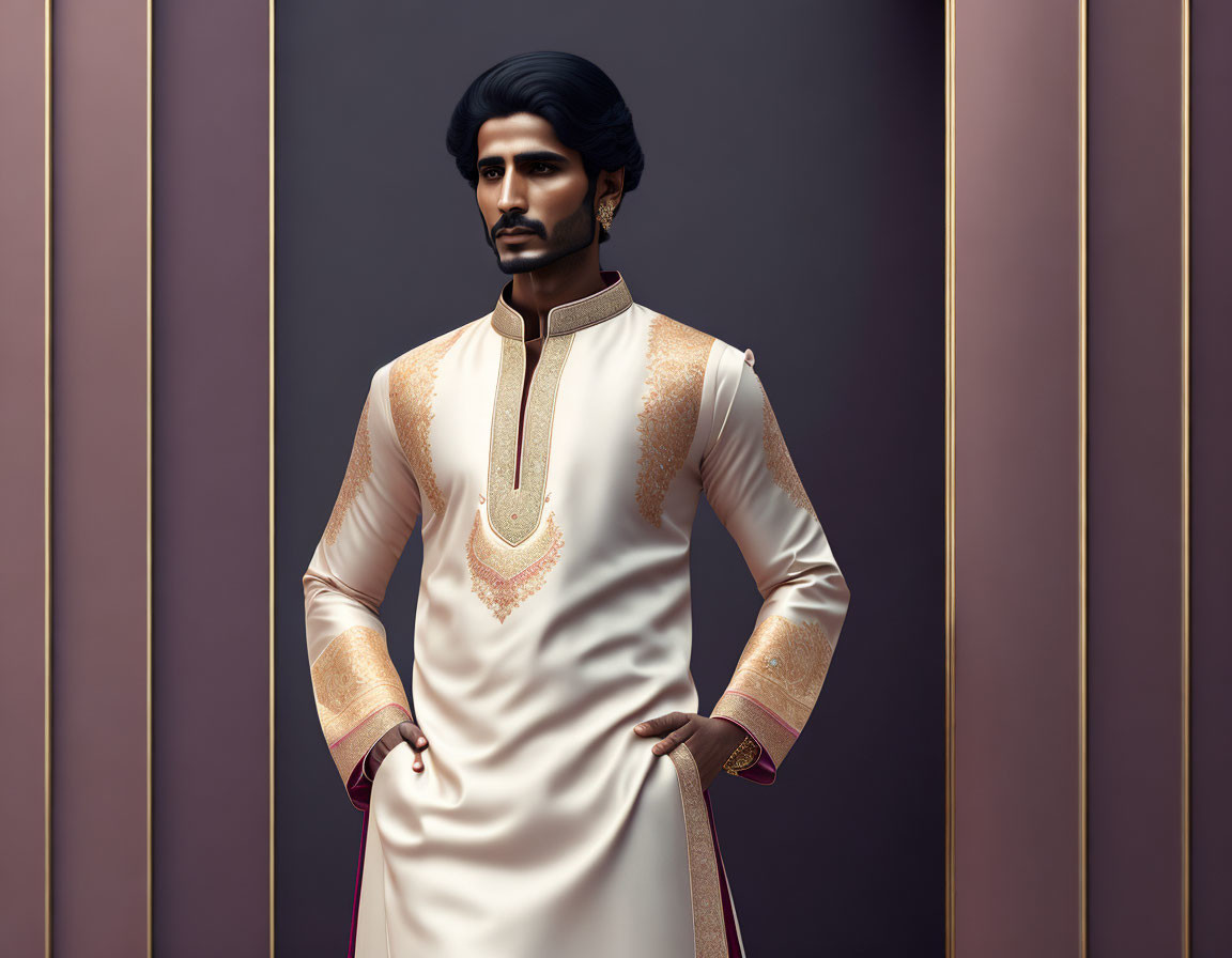 Traditional cream and gold sherwani with intricate embroidery on a confident man against mauve background