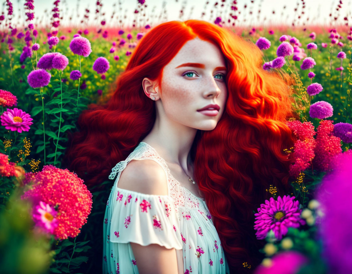 Vibrant red-haired woman in floral field with blue eyes and purple flowers