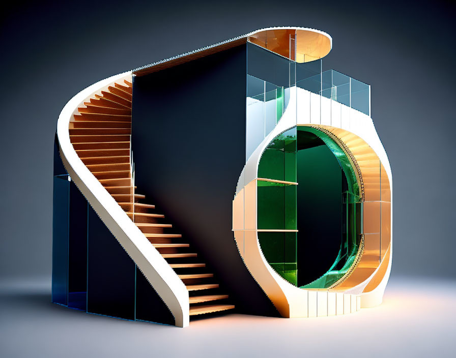 Modern structure with circular glass front and wooden staircase against curved black wall.