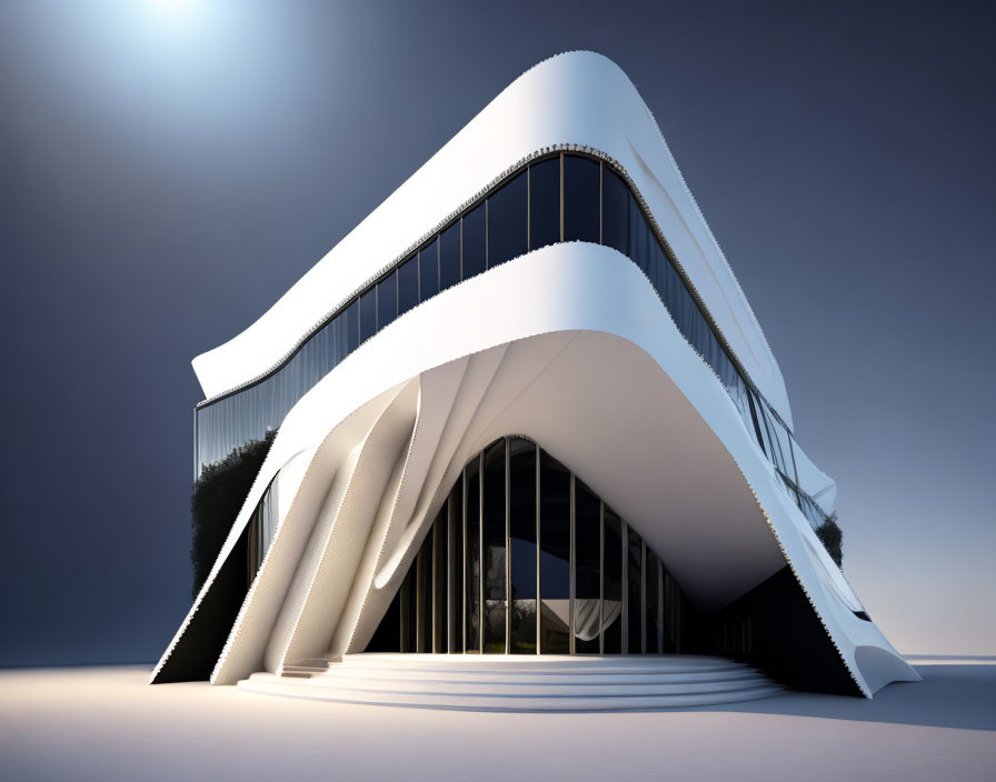 Sleek modern architecture with white curves and glass windows under clear sky