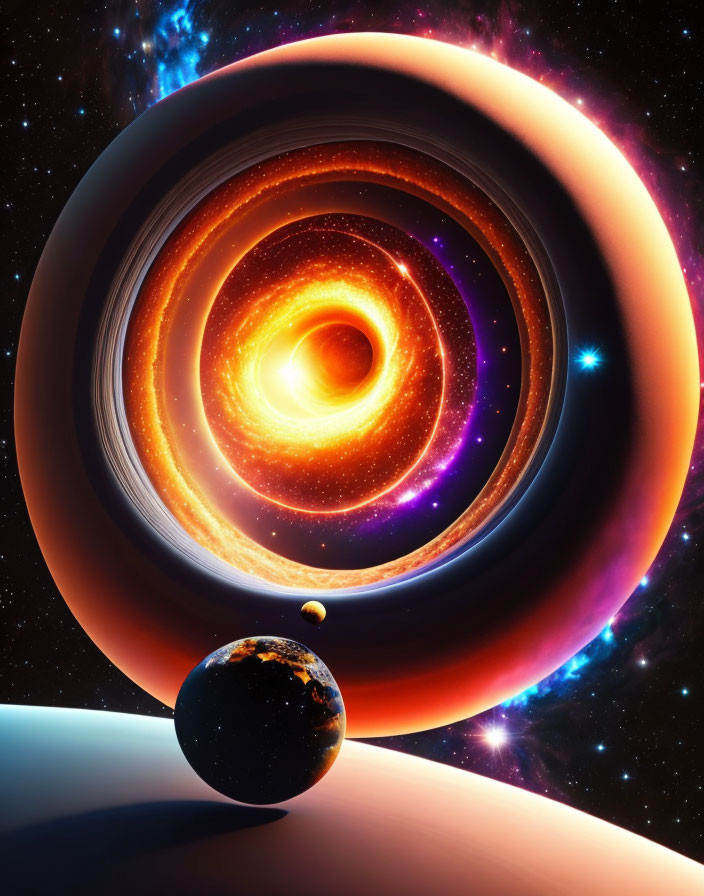 Cosmic illustration of black hole, planet, and moon in starry space
