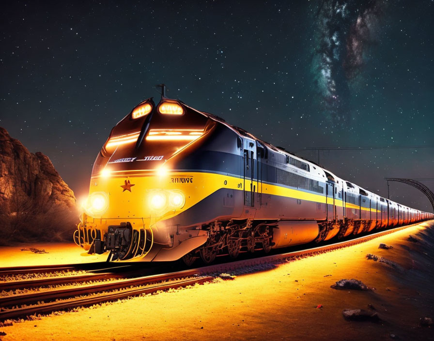 Passenger train at night on desert tracks under starry sky