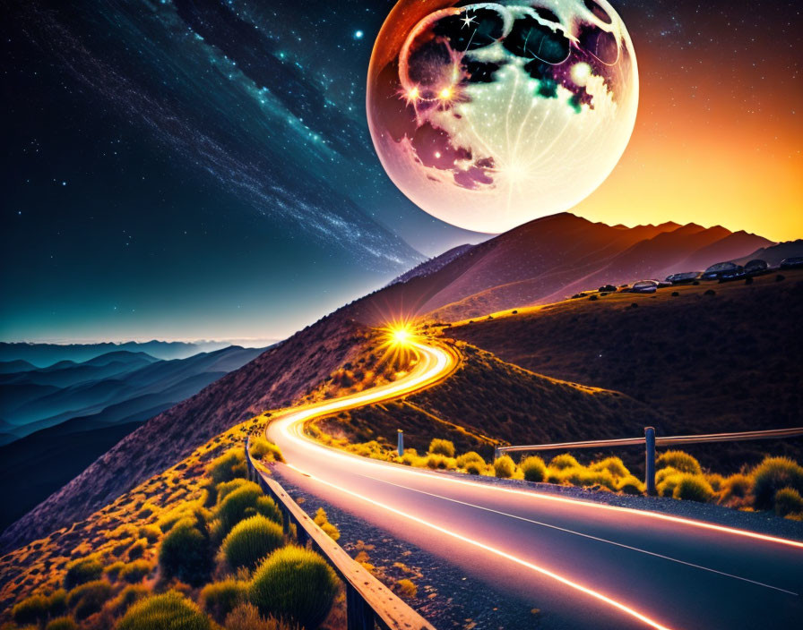 Twilight scene: winding road, vehicle light trails, vibrant sunset, oversized planet.