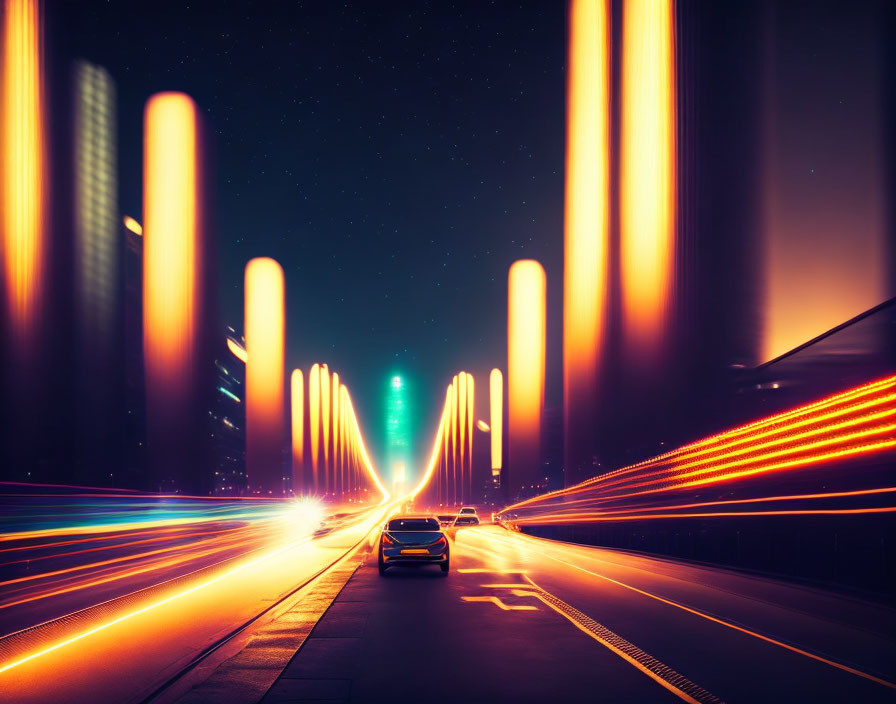 Urban night scene with vehicle light trails, lit skyscrapers, and starry sky