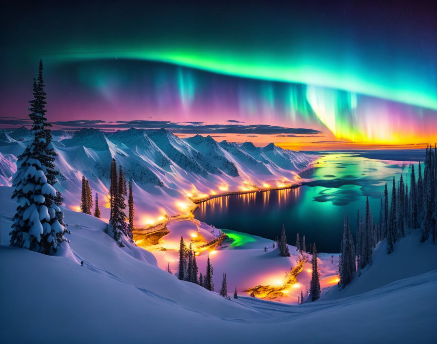 Serpentine lake under vibrant aurora borealis