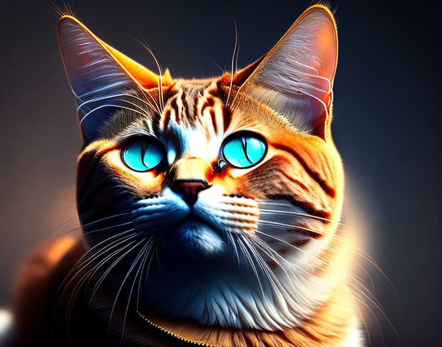 Colorful Digital Artwork: Cat with Blue Eyes & Orange Fur