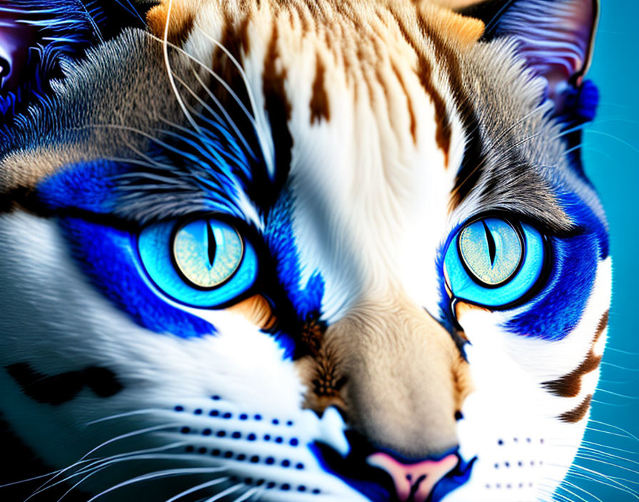 Digitally altered cat's face with blue and white patterns and vibrant blue eyes on teal background