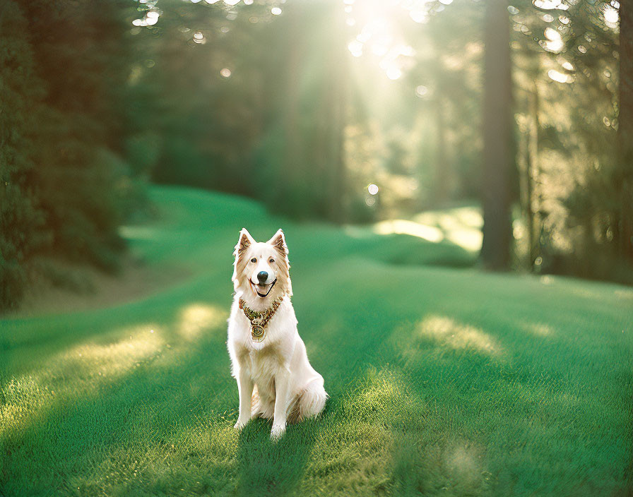 Happy dog sitting in sunlit grass field with trees