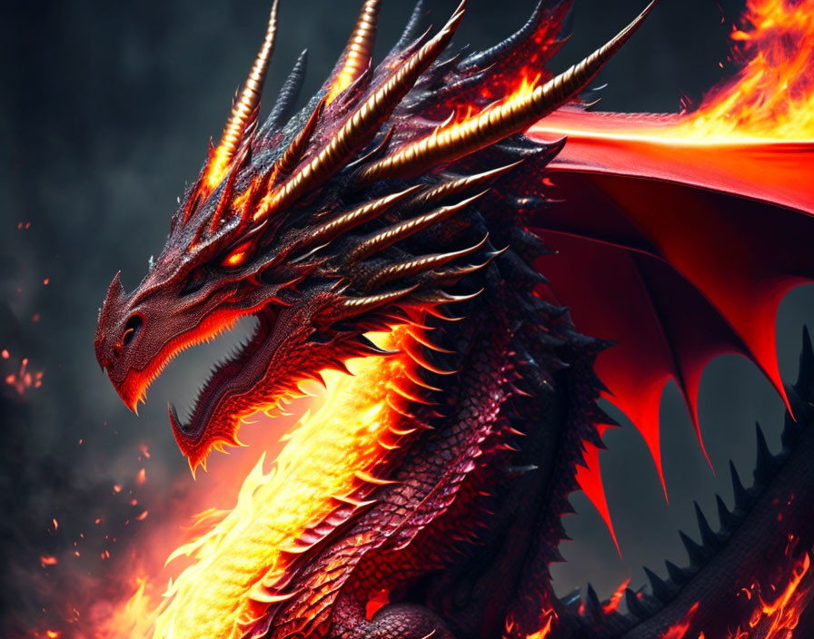 Majestic red dragon with fiery scales and wings on dark background