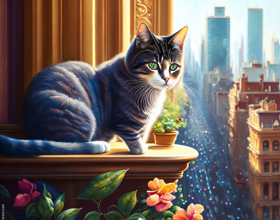 Tabby-patterned domestic cat with green eyes on flower-adorned balcony overlooking urban skyline in warm