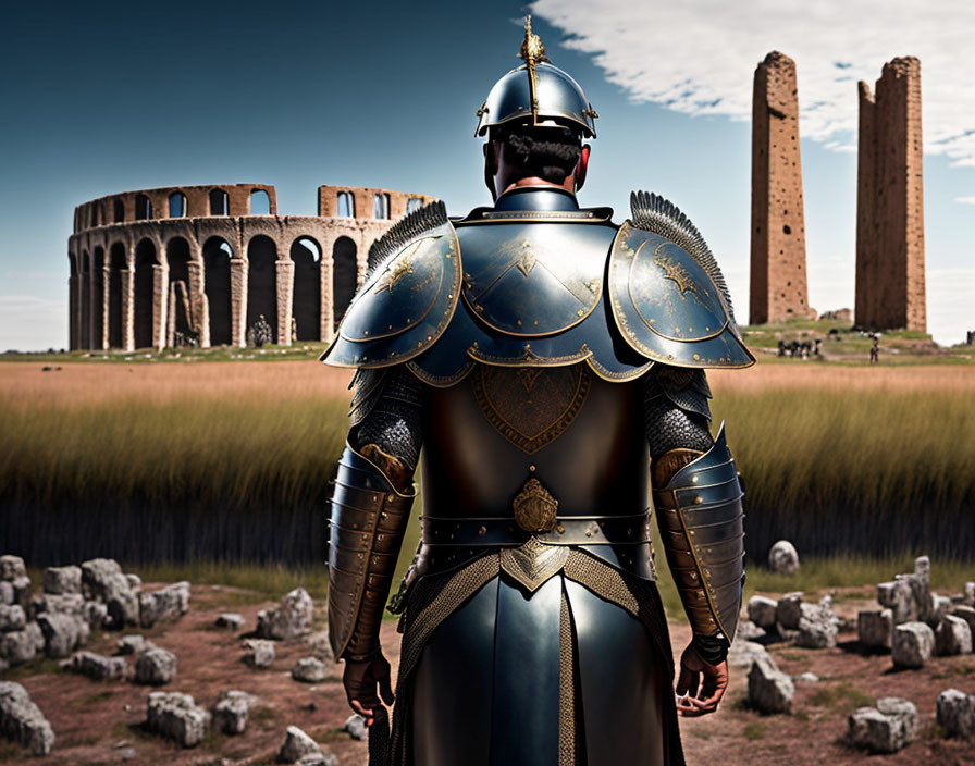 Ornate armored knight gazes at ancient ruins