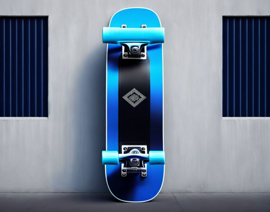 Blue Skateboard with Black Grip Tape Design on Gray Wall Between Symmetrical Windows