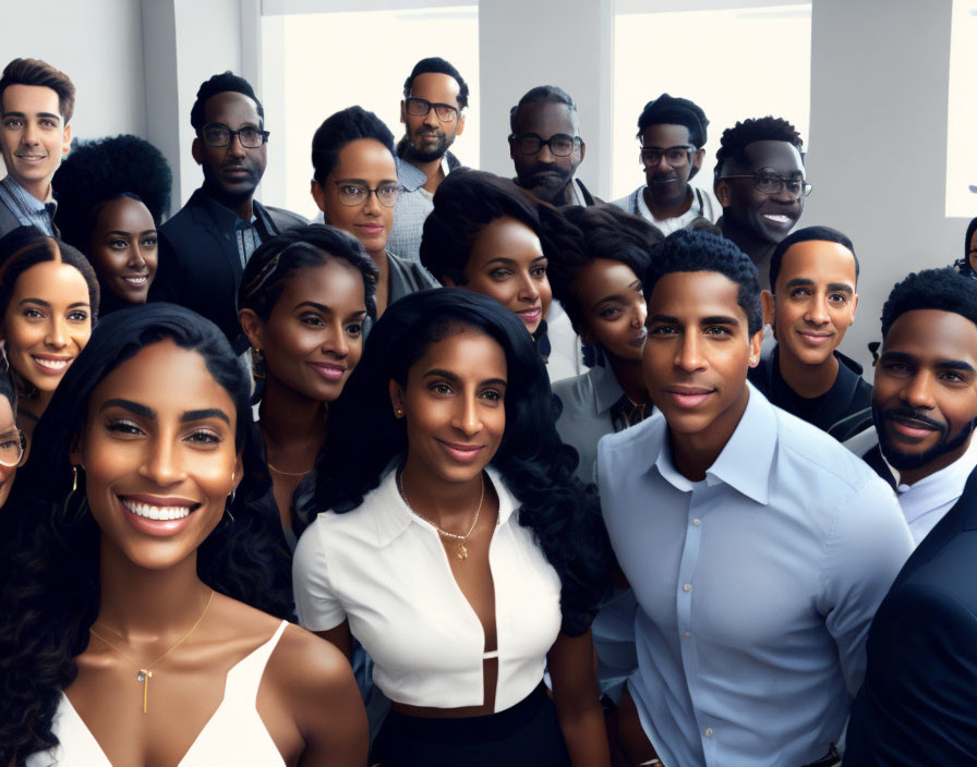 Diverse professionals posing in well-lit office setting