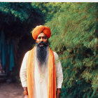 Man with Turban and Beard in Orange and White Outfit Against Greenery