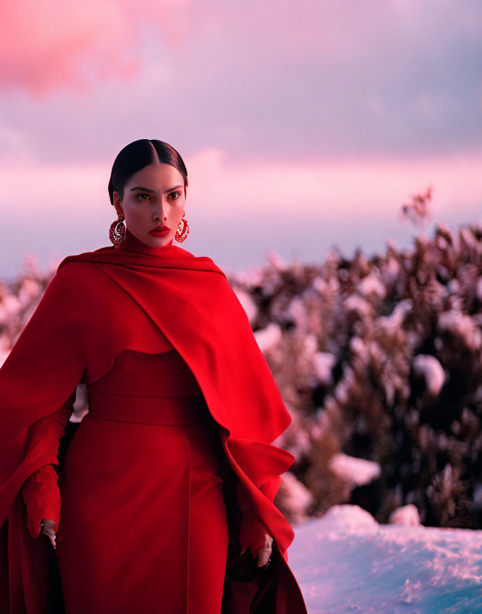 Person in Red Dress Stands in Snowy Landscape with Pink Clouds