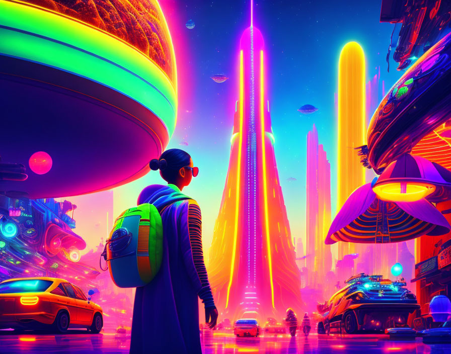 Futuristic neon-lit cityscape with skyscrapers and flying vehicles