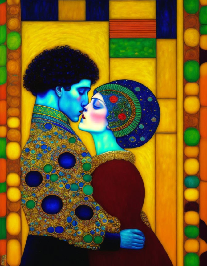 Colorful Couple Embrace Artwork with Intricate Patterns