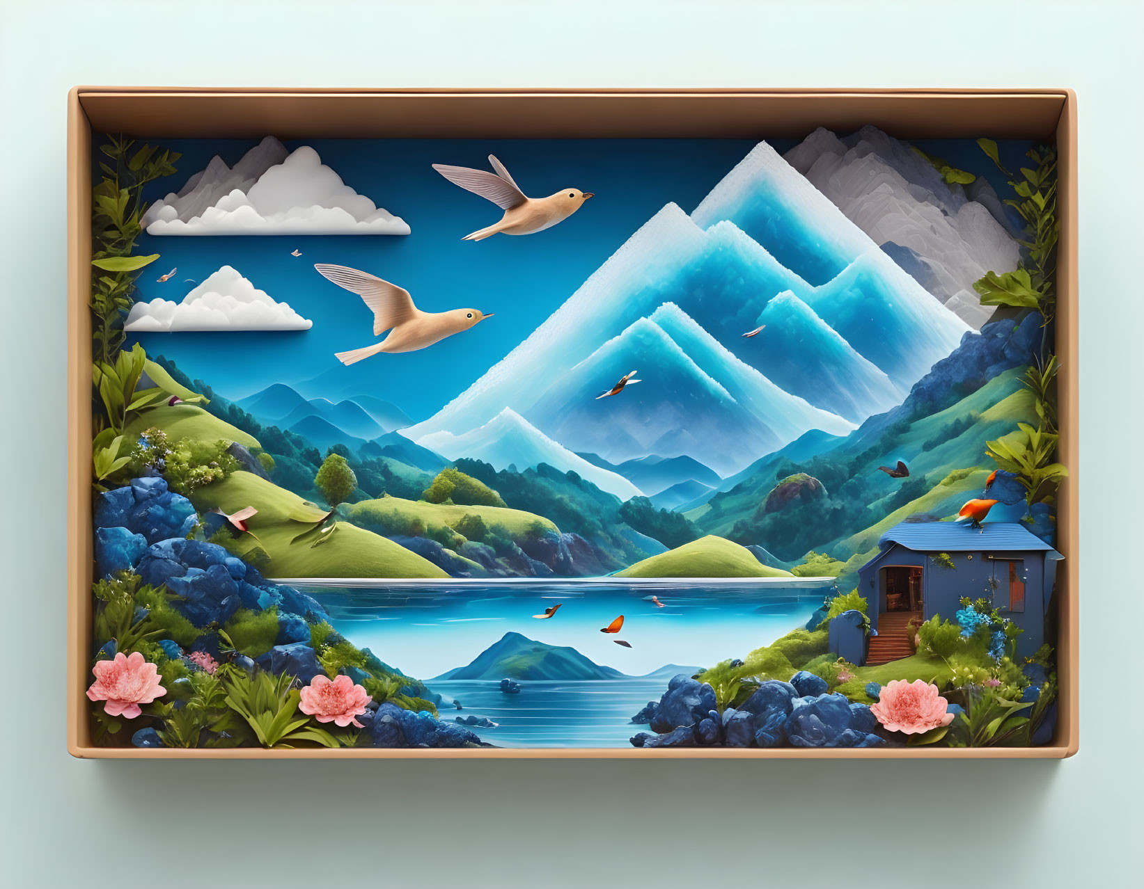 Three-Dimensional Paper Art Diorama with Mountains, Lake, Birds, Greenery, and House