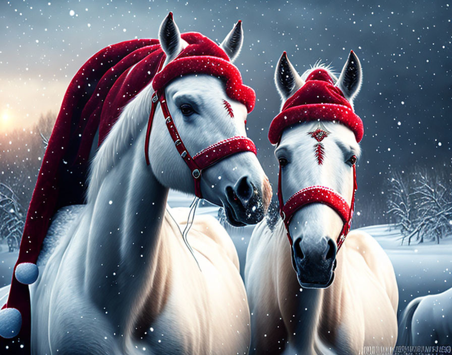 Two White Horses in Snowy Landscape with Festive Hats