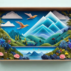 Three-Dimensional Paper Art Diorama with Mountains, Lake, Birds, Greenery, and House