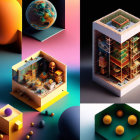 Surreal 3D Collage: Geometric Shapes, Vibrant Colors & Abstract Patterns