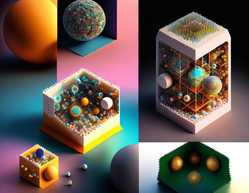 Surreal 3D Collage: Geometric Shapes, Vibrant Colors & Abstract Patterns