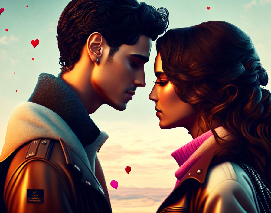 Stylized man and woman kissing with floating hearts on warm backdrop.