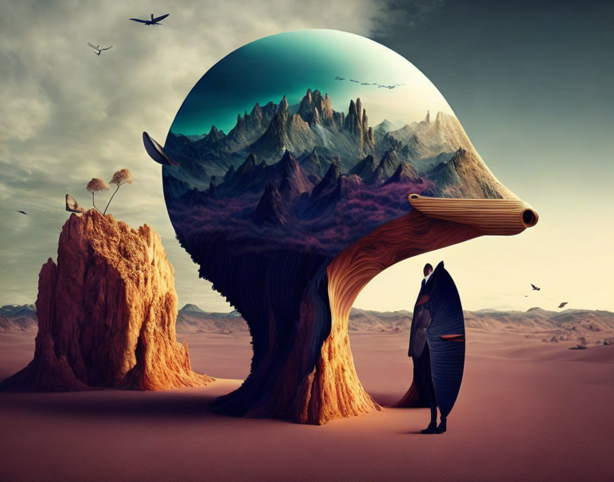 Surreal landscape with person, wolf-shaped mountains, inverted reality sphere, birds, hazy sky