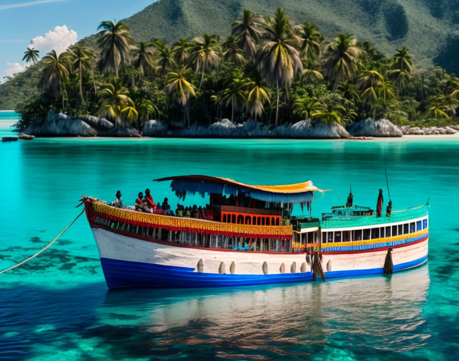 Vibrant boat with passengers near lush tropical island