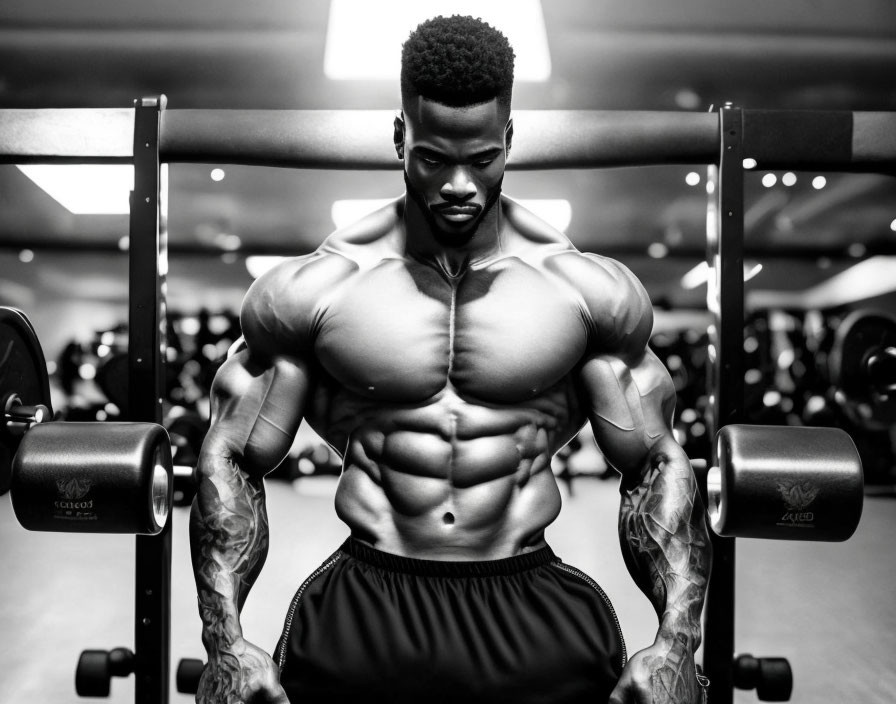 Muscular person displaying physique at gym between weight racks