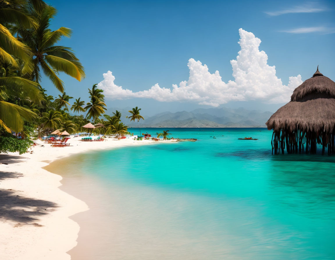 Sunny tropical beach scene with palm trees, huts, and mountains