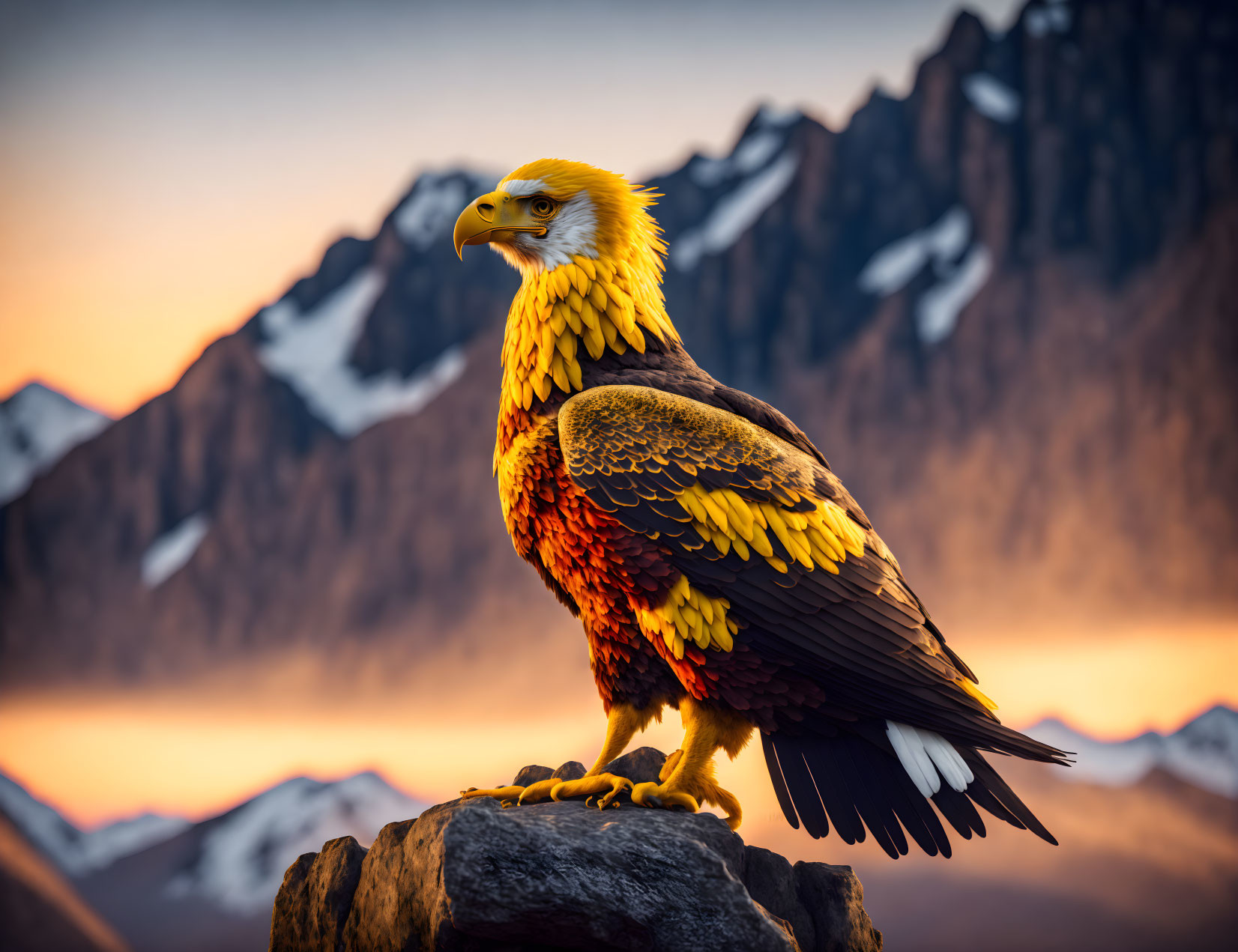 Golden eagle perched on rock with snowy mountains and sunset