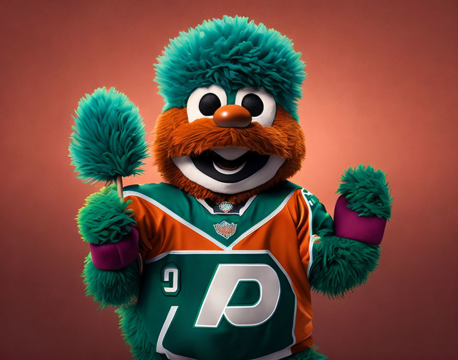 Orange-furred mascot in green jersey with pom-poms on red background