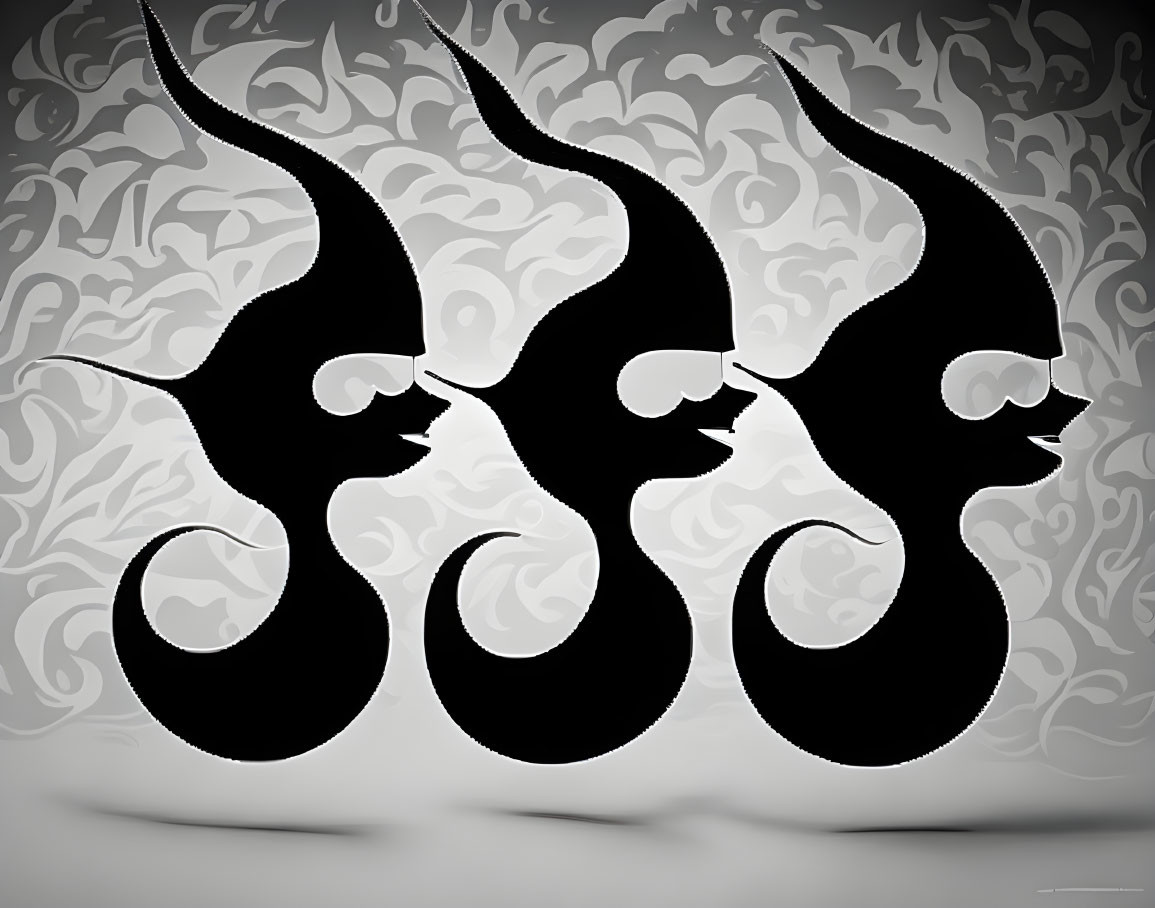 Stylized silhouettes with swirling hair on grey background