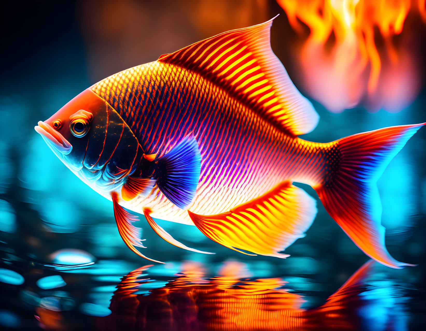 Colorful Tropical Fish Swimming in Flame-Like Water