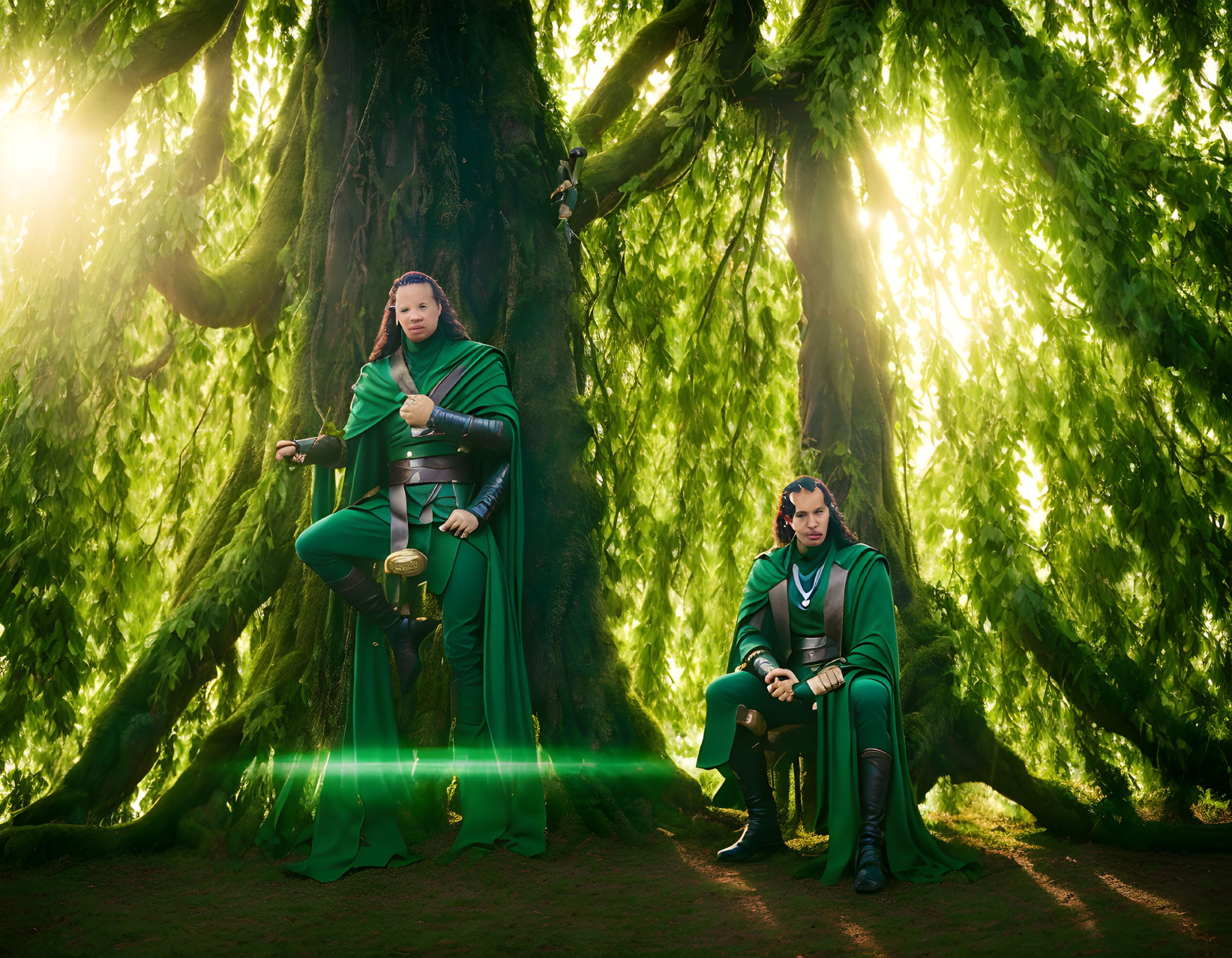 Two individuals in green superhero costumes posing in lush greenery.