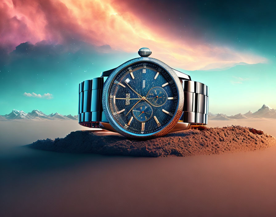 Luxury Blue and Gold Watch on Sand with Surreal Mountain Background