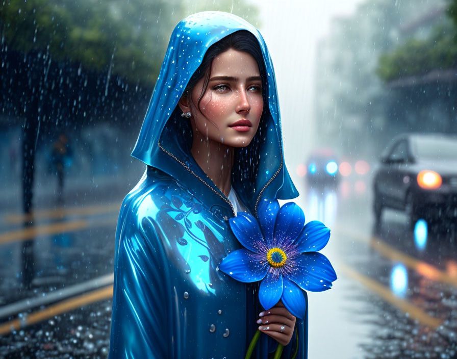 Woman in Blue Raincoat Holding Flower in Rainy Setting